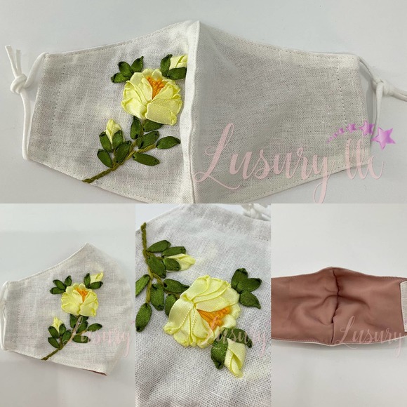 Yellow Peony Embroidery Silk Mask, Wedding Gift, Washable Reusable 3 Layers - Picture 6 of 8
